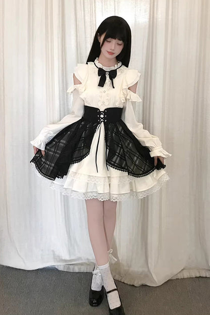 Black/Beige [Dark Chocolate Champagne] Stand Collar Off Shoulder Long Sleeves Double-Layered Ruffled Sweet Japanese Lolita Dress