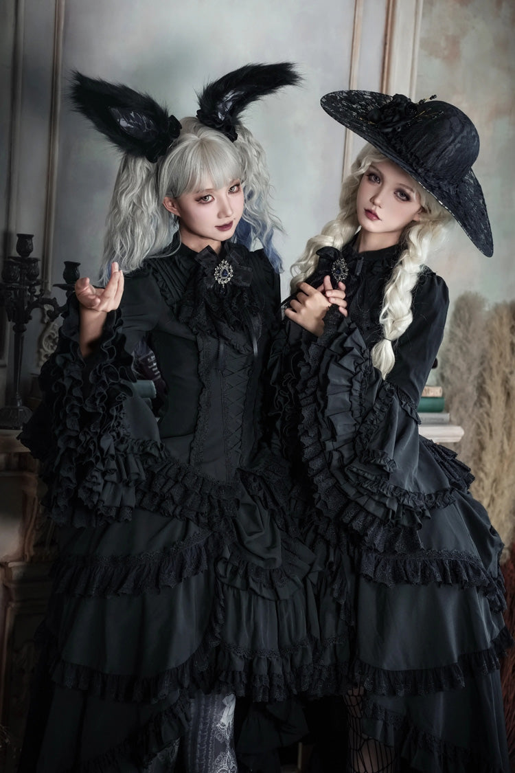 Black [Immortal Phoenix] Long Hime Sleeves Multi-Layered Ruffled Bow Lace-Up Gothic Lolita Skirt Dress Set