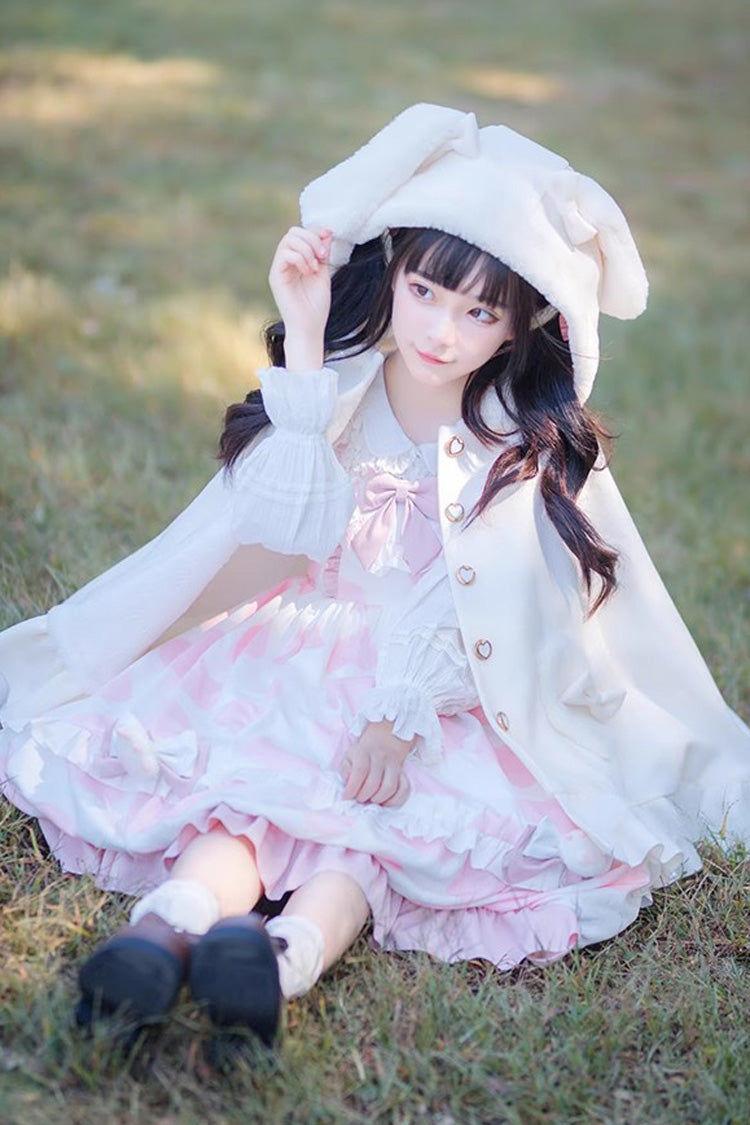 White Plush Bunny Ears Bowknot Buttons Princess Sweet Lolita Cloak Coat