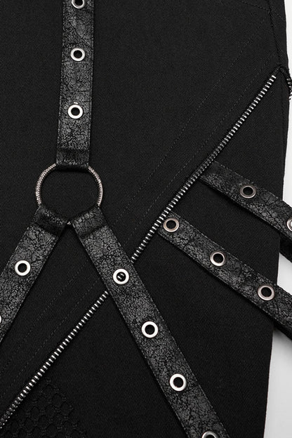 Cracked Leather Stitching Metal Rivet Decoration Mesh Men's Steampunk Pants 2 Colors