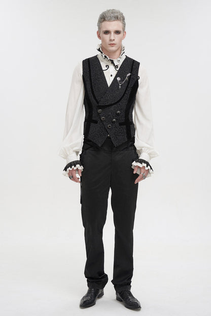Black Slim Fit Retro Jacquard Chest Metal Chain Cross Men's Gothic Vest
