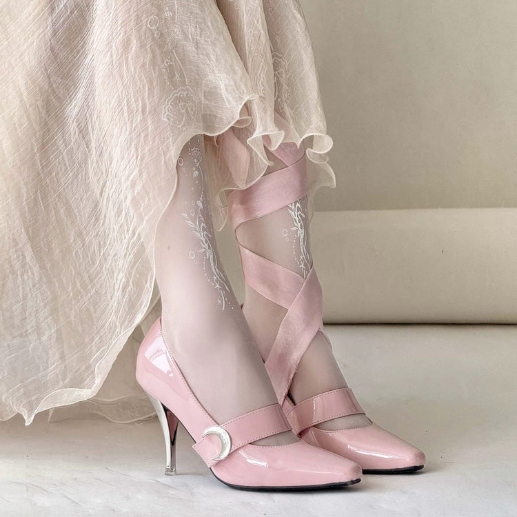 Pink Lace-Up Sweet Elegant Lolita High Heel Shoes