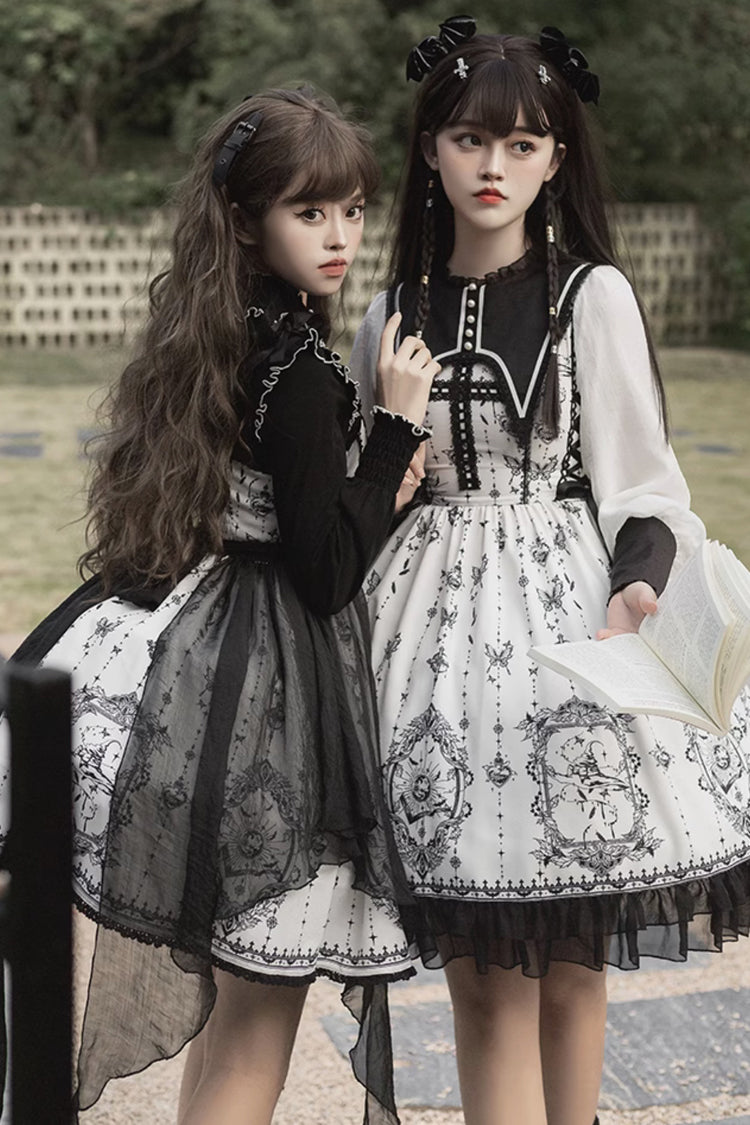 Black/White Long Sleeves Lace Ruffle Butterfly Magic Print Gothic Lolita OP Dress