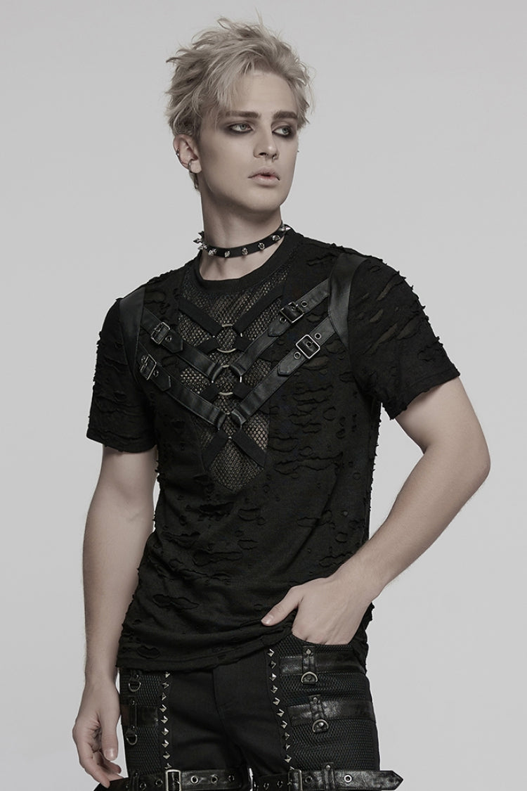 Black Short Sleeves Stitching Mesh Ripped Strap Men's Punk T-Shirt