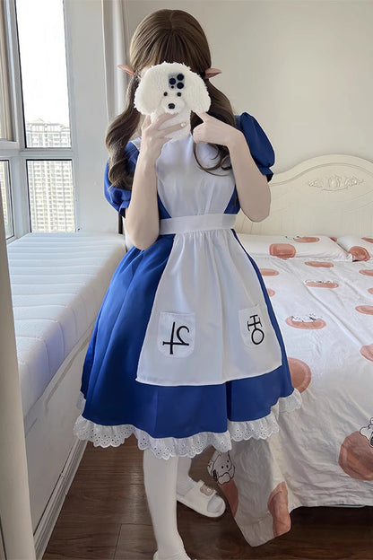 Blue/White [Alice Madness Returns] Short Sleeves Ruffle Sweet Plus Size Lolita Dress Full Set