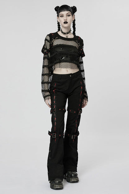 Black/Red Embroidery Buckles Women's Steampunk Flared Pants