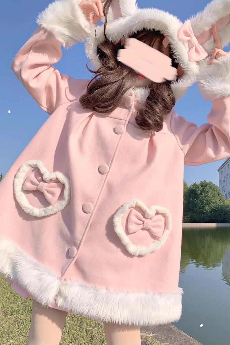 Pink Woolen Rabbit Ears Single-breasted Bowknot Sweet Princess Lolita Coat