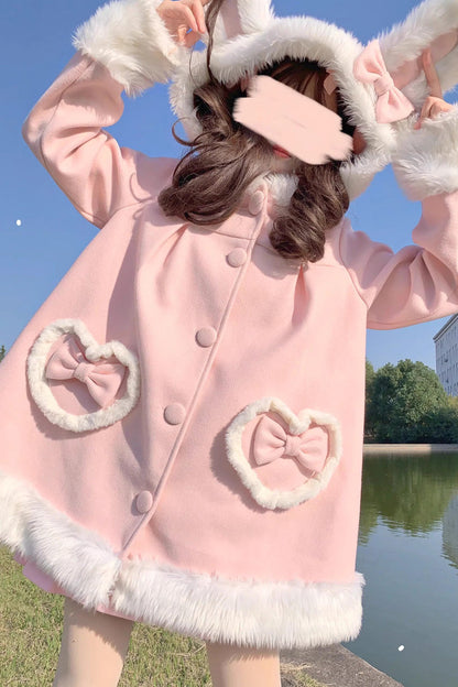 Pink Woolen Rabbit Ears Single-breasted Bowknot Sweet Princess Lolita Coat
