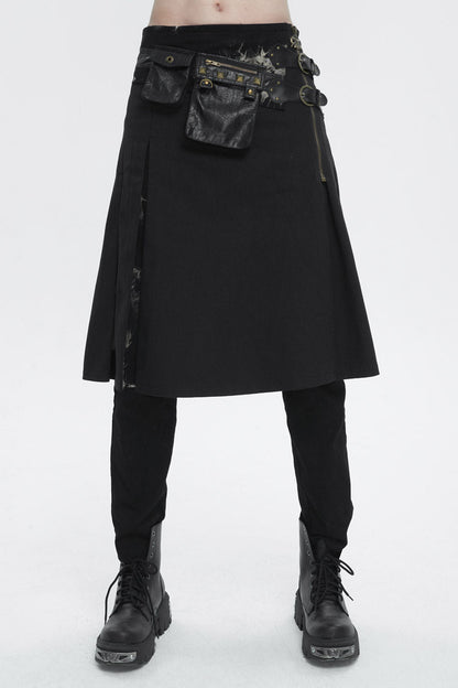 Black Tie-Dye Patchwork With Waist Bag Men's Gothic Skirt