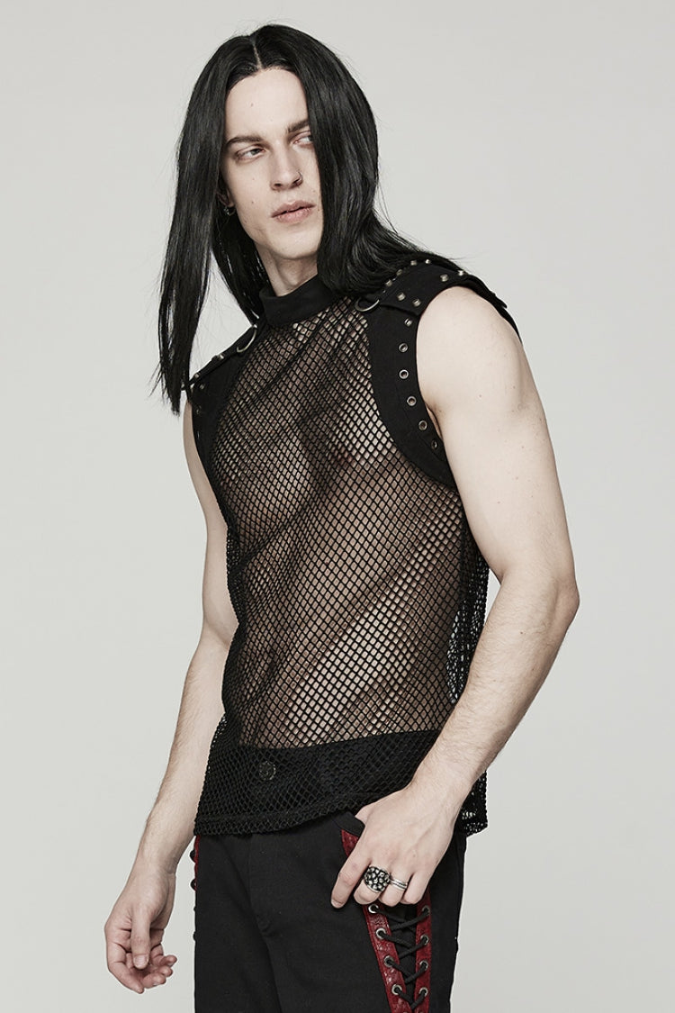 High Collar Sleeveless Rivet Decoration Sheer Mesh Men's Steampunk Vest 2 Colors