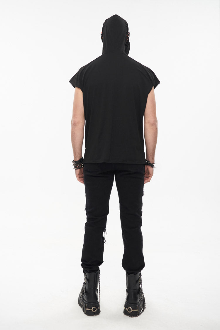Black Skull Print Super High Neck Masked Rivet Hole Hooded Short Sleeve Men's Punk T-Shirt