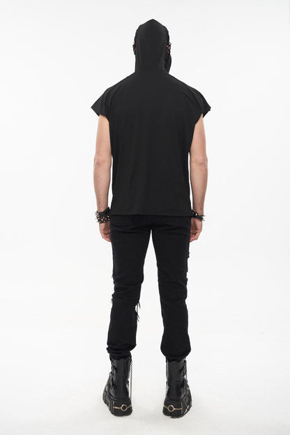 Black Skull Print Super High Neck Masked Rivet Hole Hooded Short Sleeve Men's Punk T-Shirt