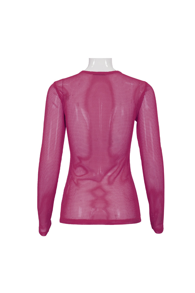 Red Elasticity High Neck Long Sleeve Mesh Women's Gothic T-Shirt