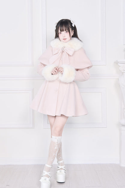 Pink Plush Collar Long Sleeves Bowknot Japanese Sweet Lolita Coat