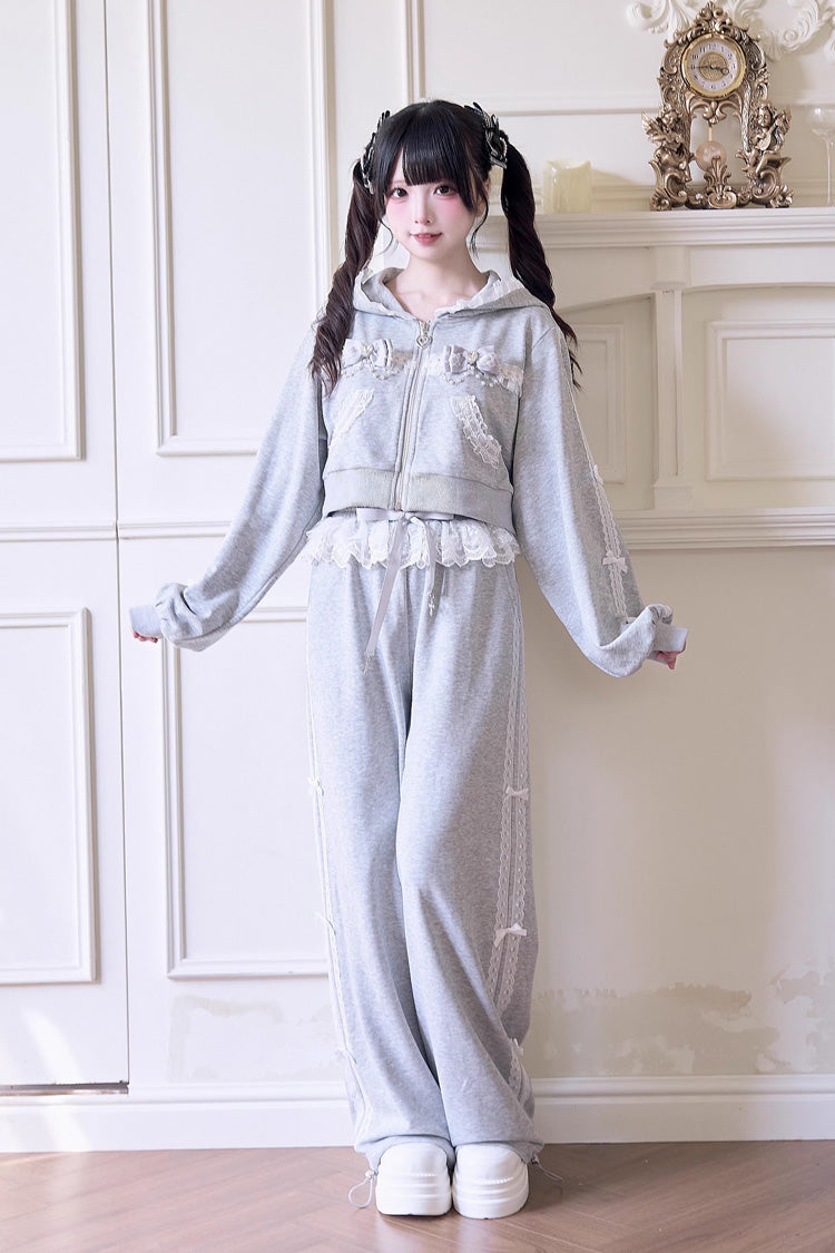 Sweet Long Sleeves Bowknot Lace Hooded Jirai Kei Hoodie Pants Set 3 Colors