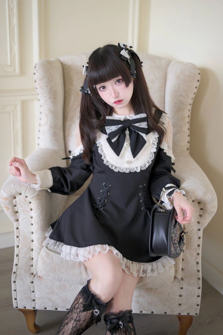 Black/White [Divine love] Long Sleeves Hollow Bowknot Lace Lace-Up Sweet Jirai Kei Dress Shorts Set