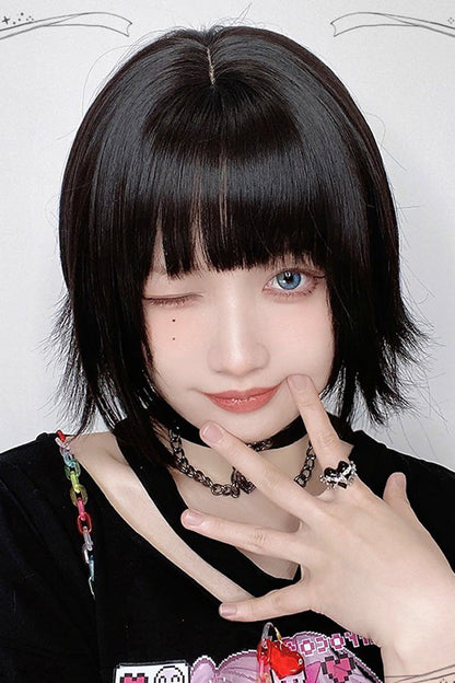Black Sweet Japanese Outward-Curled Ends Air Bangs Lolita Wig