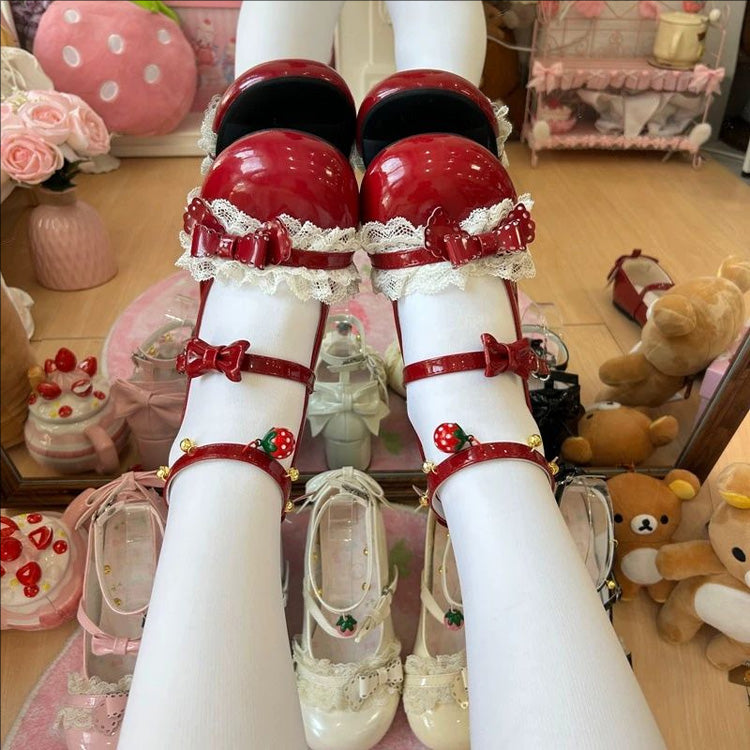 Round Toe Bow Lace Trim Mid Heel Lolita Mary Jane Shoes with Ankle Bells 6 Colors