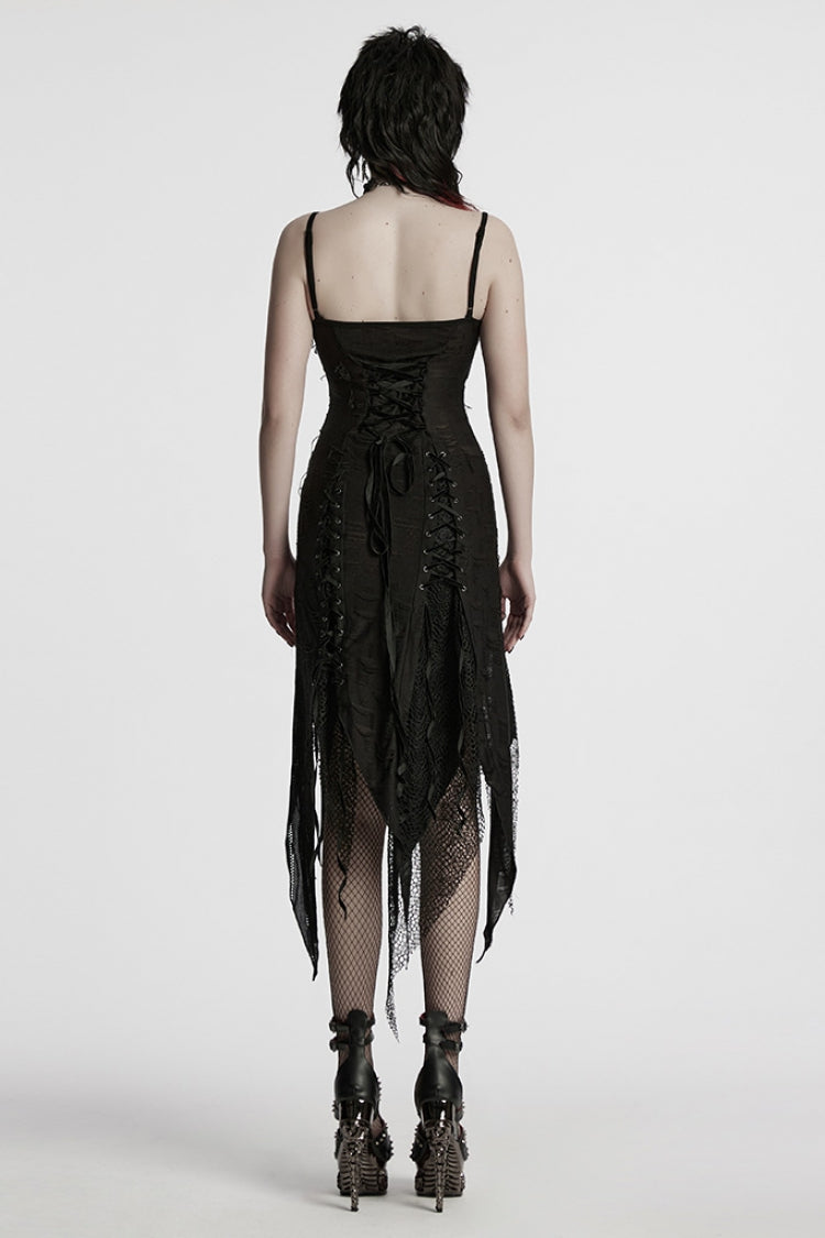 Black Sleeveless Lace Irregular Ripped Women's Gothic Party Slip Dress