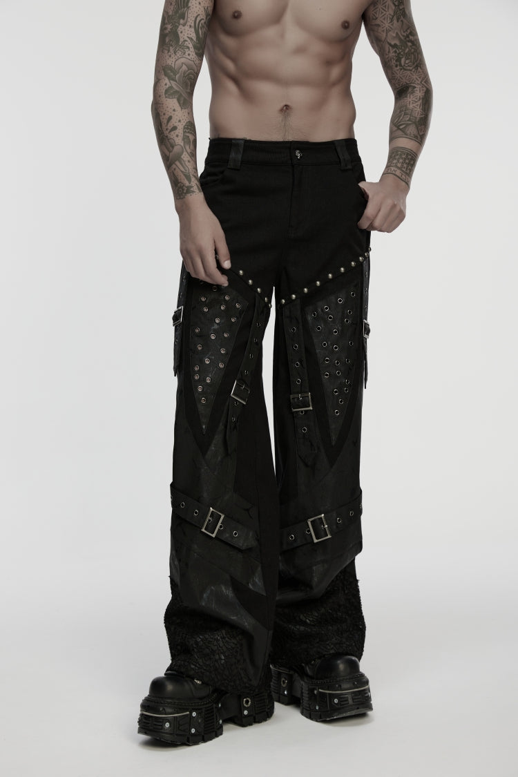 Black Studded Buckled Eyelet Men's Punk Pants