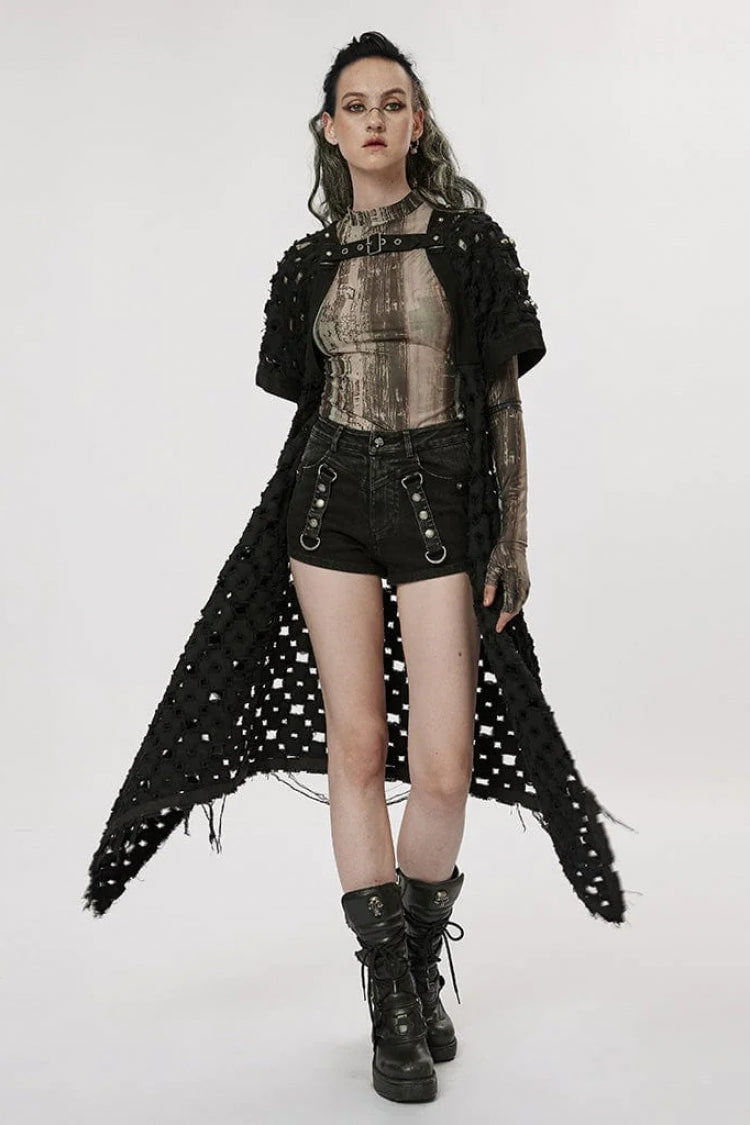 Black Ripped Buckle Hollow Irregular Womens Steampunk Blouse Cardigan