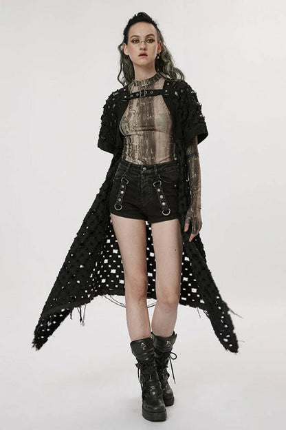 Black Ripped Buckle Hollow Irregular Womens Steampunk Blouse Cardigan