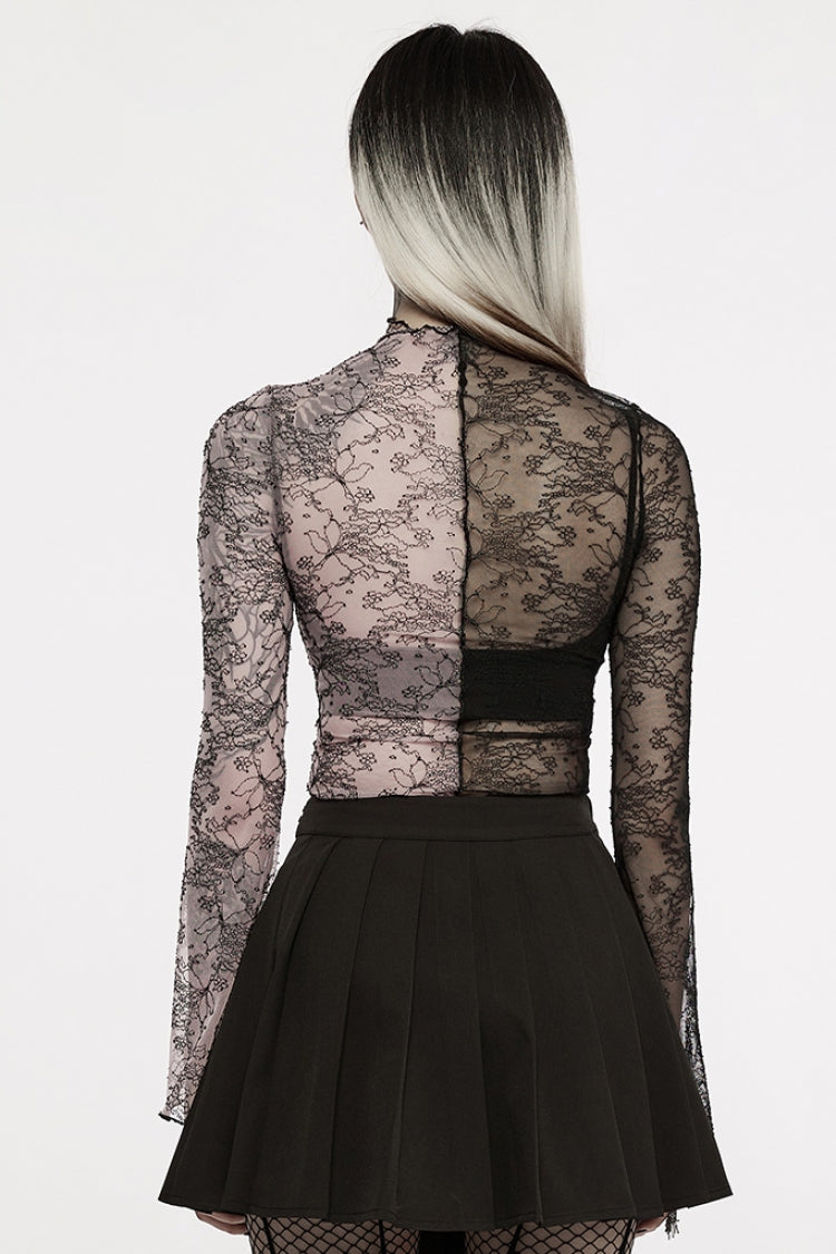 Pink/Black Gothic Lace Stitching Simple Sexy Style Thin See Through Horn Long Sleeved Women's T-Shirt