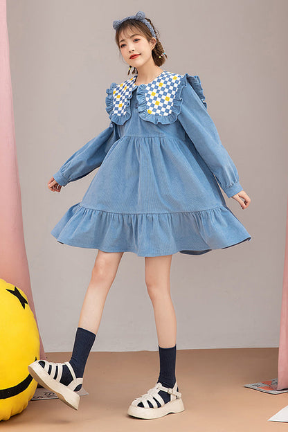 Blue Plaid Print Doll Collar Long Sleeves Ruffled Corduroy Sweet Lolita OP Dress