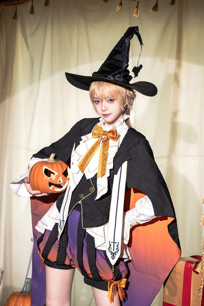 Black/Brown [Little Devil] Stand Collar Long Sleeves Gradient Print Ruffle Bowknot Gothic Prince Ouji Lolita Set