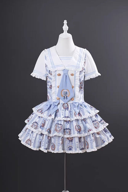 Blue [Glory of the Dog] Navy Collar Short Sleeves Low Waisted Triple-Layered Printed Ruffled Bow Sweet Lolita Dress