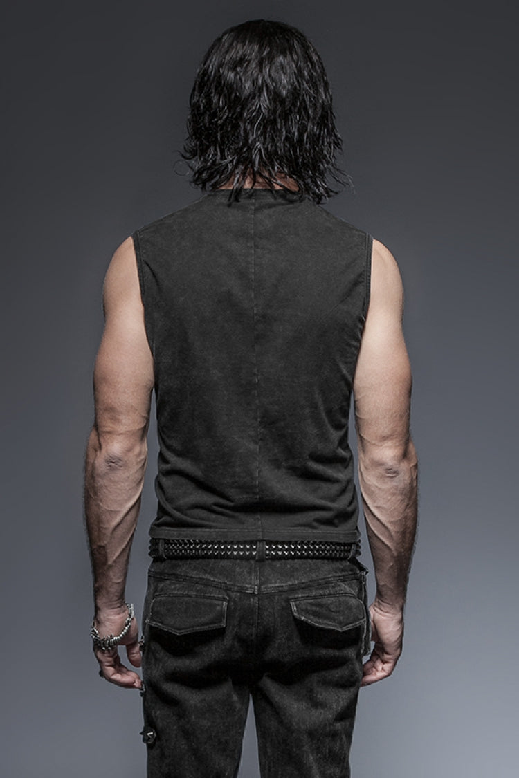 Black V Collar Sleeveless Metal Rings Cross Lace-Up Men's Steampunk Vest