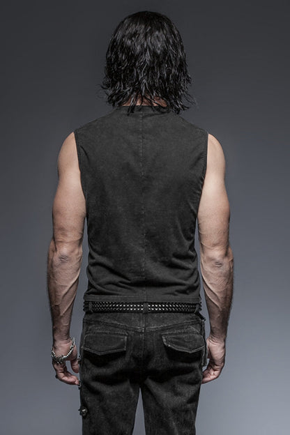 Black V Collar Sleeveless Metal Rings Cross Lace-Up Men's Steampunk Vest