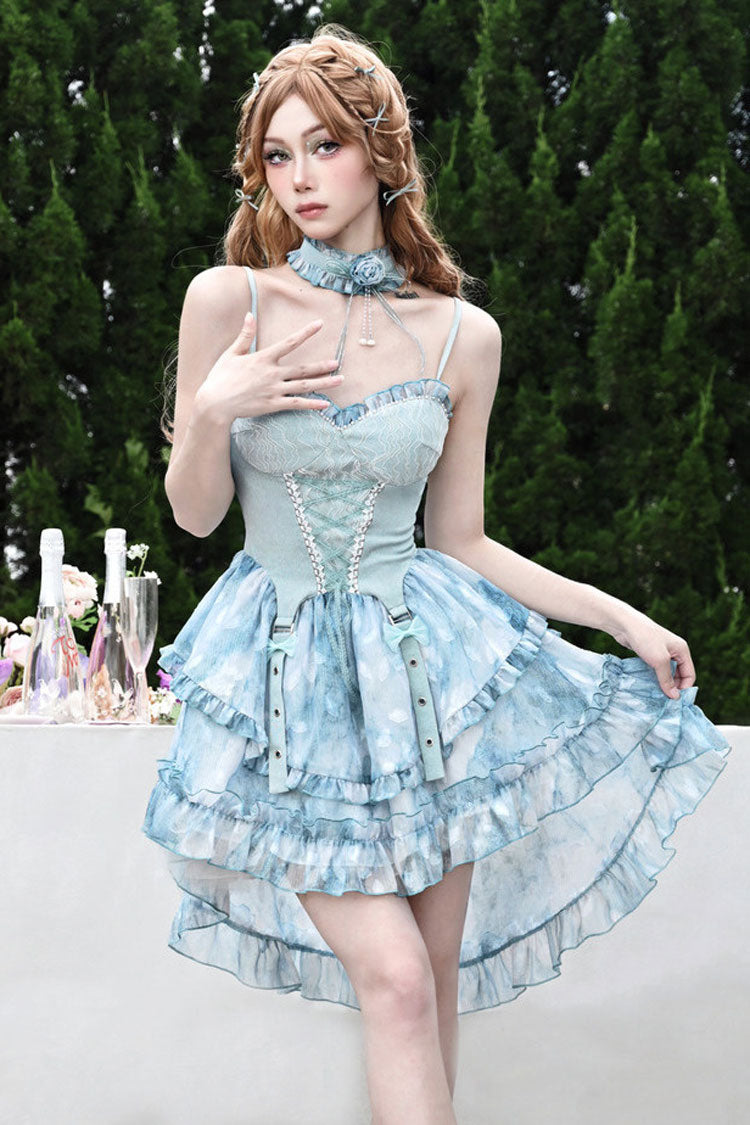 Blue [Mirrorless Dream] Double-Layered Tie-dyed Print Ruffle Bowknot Lace Train Sweet Lolita Jsk Dress