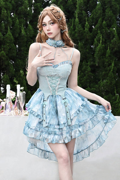 Blue [Mirrorless Dream] Double-Layered Tie-dyed Print Ruffle Bowknot Lace Train Sweet Lolita Jsk Dress