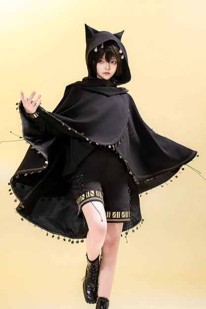 Black [Black Cat] Embroidery Cat Ears Hooded Ouji Gothic Prince Handsome Lolita Cloak