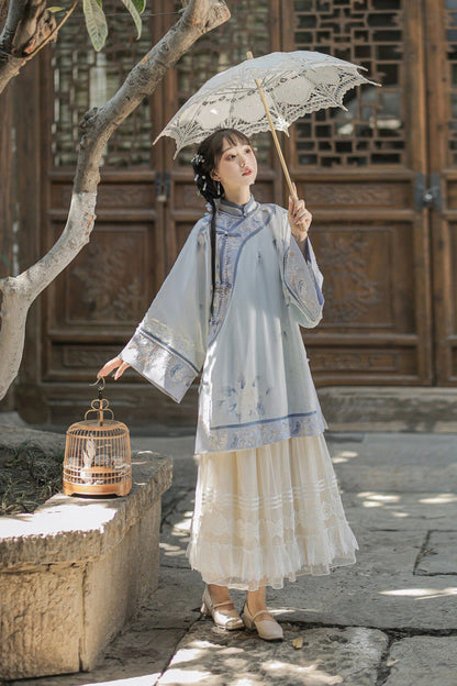 Blue [Flower Room] Stand Collar Long Sleeves High Waisted Printed Embroidered Women's Sweet Classic Hanfu Dress Set