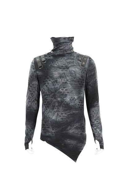 Grey/Black Lrregular Ripped Stand Collar Men's Punk Shirt