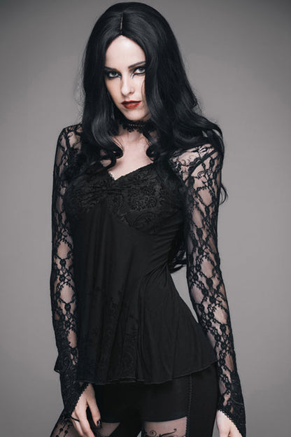 Black Sexy V Neck Mesh Long Sleeves Rose Lace Bottoming Women Gothic T-Shirt