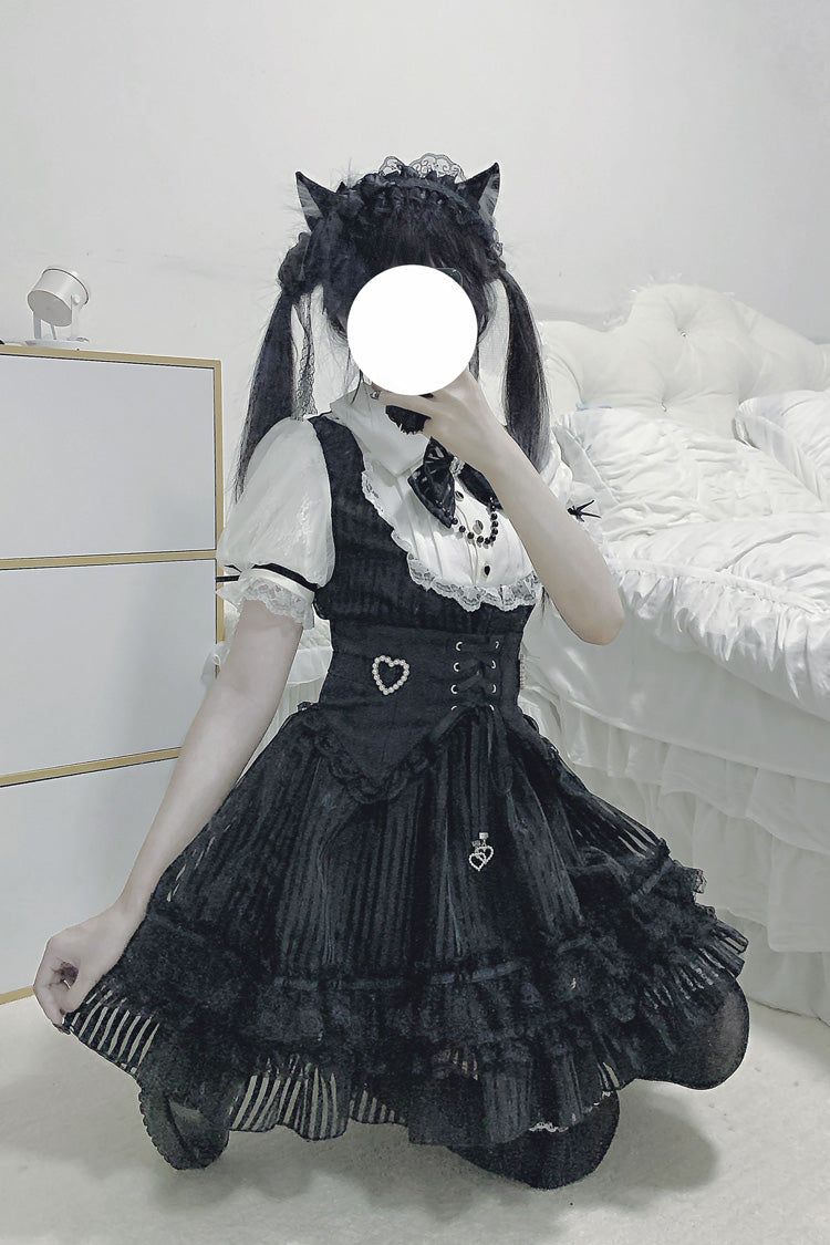 Black/White [Dream Night Song] Short Sleeves Stripe Print Bowknot Lace Gothic Jirai Kei Dress