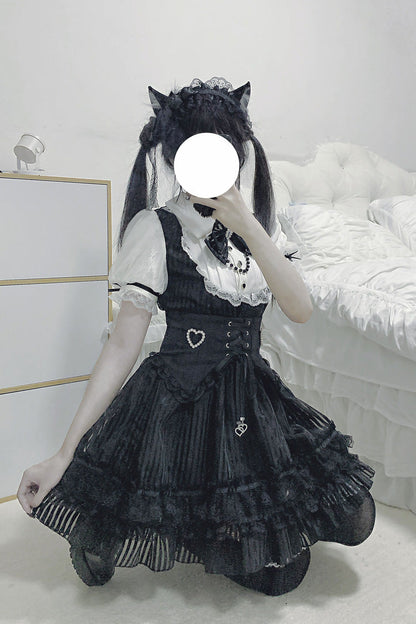 Black/White [Dream Night Song] Short Sleeves Stripe Print Bowknot Lace Gothic Jirai Kei Dress