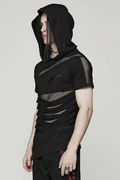 Black Short Sleeves Stitching Hooded Mesh Ripped Mens Steampunk T-Shirt