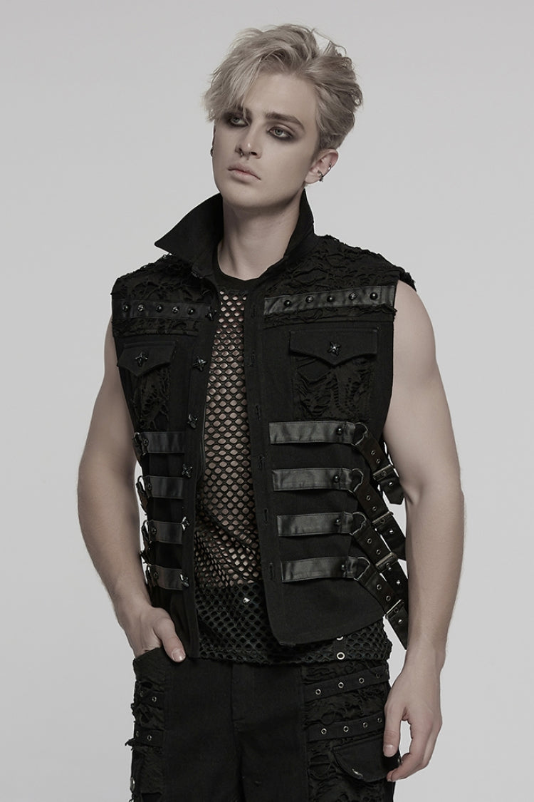 Black Stitching Mesh Rivet Buckle Men's Punk Vest