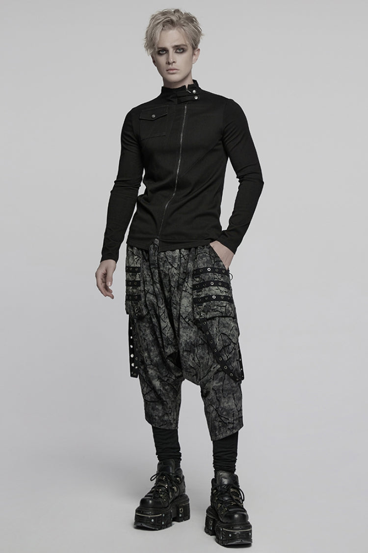 Black Stand Collar Long Sleeves Asymmetric Zipper Men's Punk Blouse