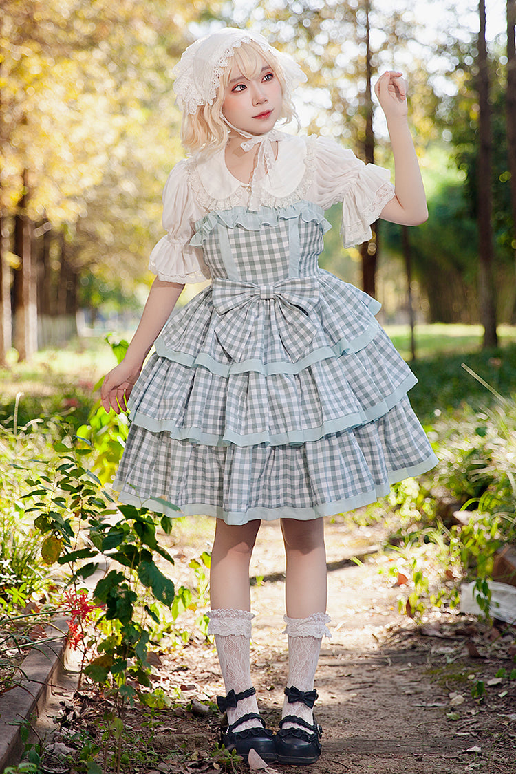 Blue [Cloth Cat] Triple-Layered Plaid Print Ruffle Bowknot Sweet Lolita Dress 2 Colors