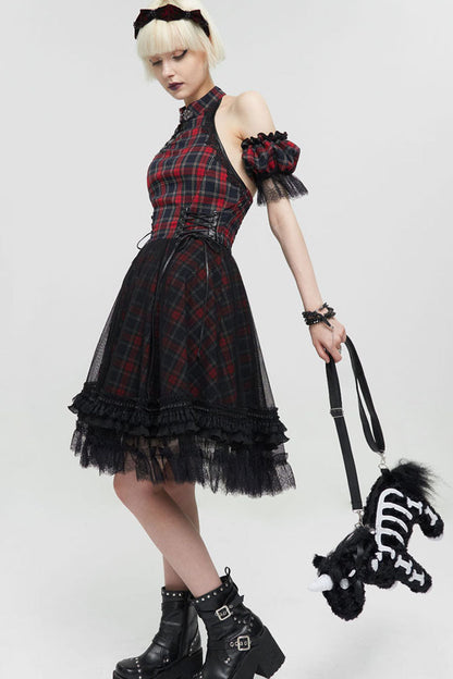 Black/Red Punk Off The Shoulder Plaid Chinese Style Cheongsam Collar Oversized Hem Women's Dress