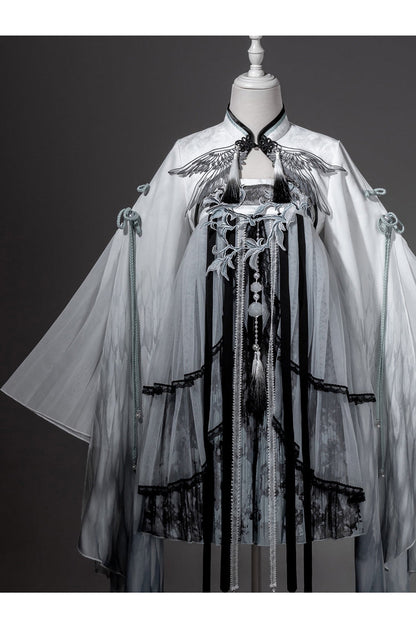 Black/White [Magpie Feather] High Waisted Printed Women's Classic Chinese Style Hanfu Dress Set