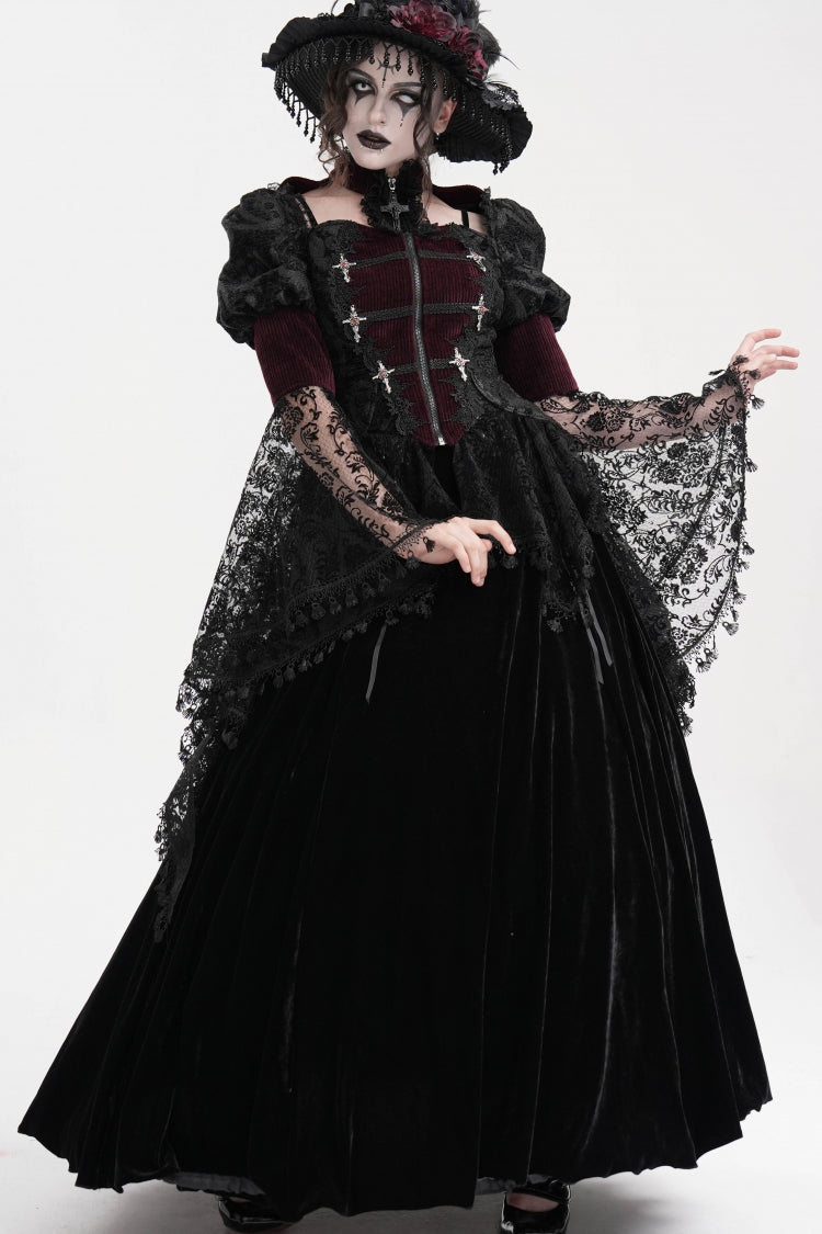 Wine Red Long Sleeves Hollow Lace Tassels Women's Gothic Jacket