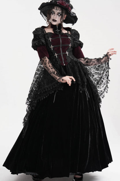 Wine Red Long Sleeves Hollow Lace Tassels Women's Gothic Jacket