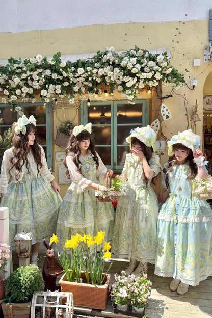 Blue/Green [Lily of the Valley Perfume] Pearl Candy Tea Doll Collar Short Sleeves Printed Lace Plus Size Sweet Lolita OP Dress