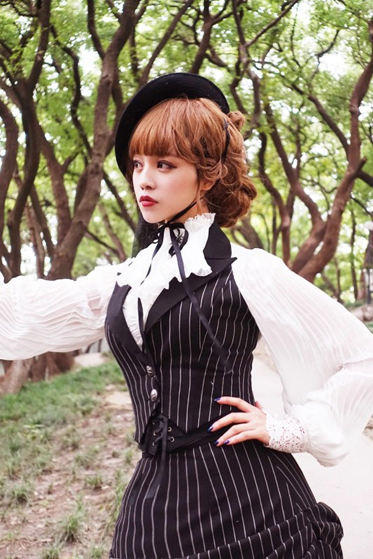 Black V Collar Stripe Print Classic College Style Elegant Lolita Vest